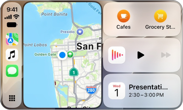 Tableau de bord CarPlay : visuel original Apple, incrusté à titre illustratif ; non capturé sur RiderTouch.