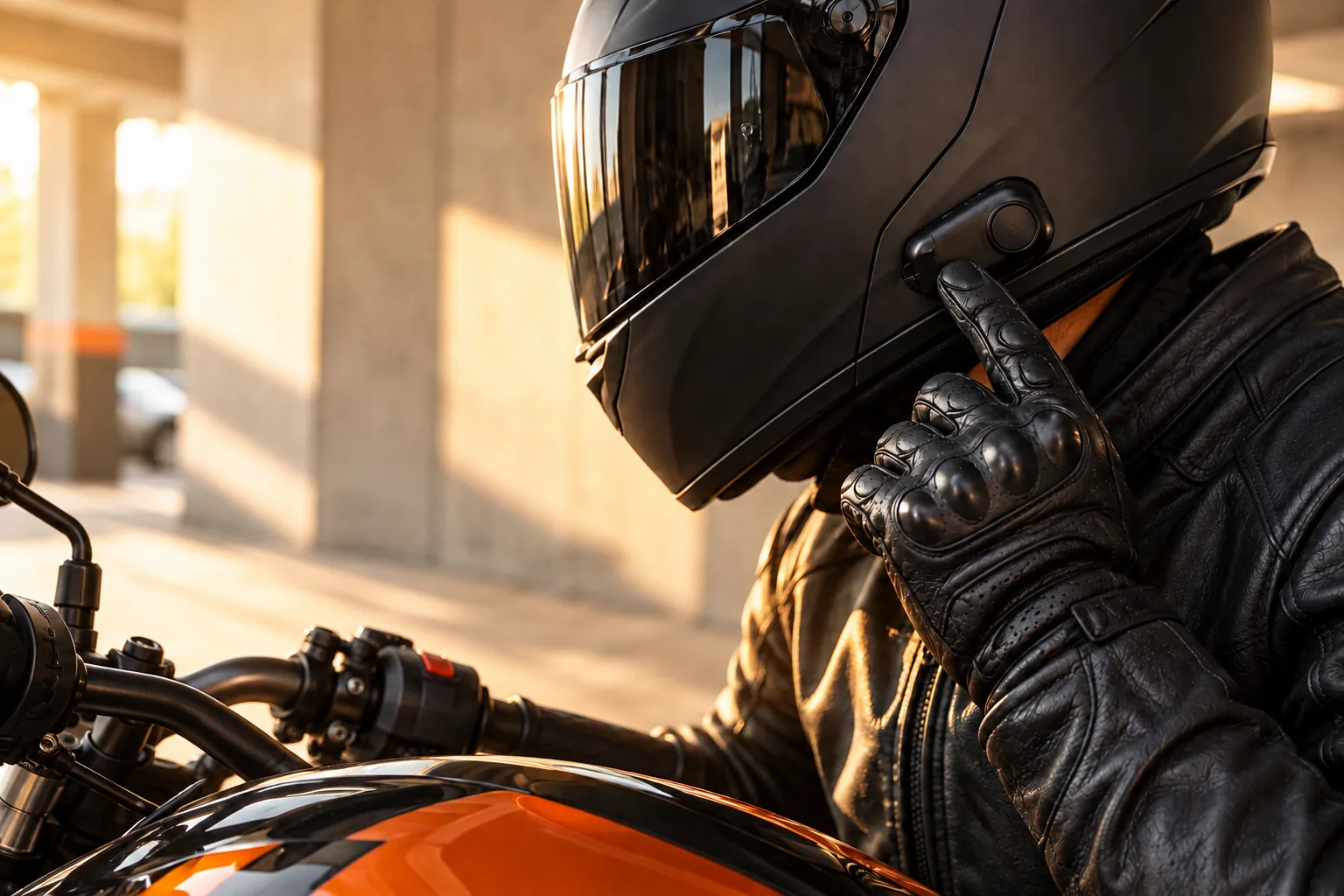 Illustration IA : un motard touche le module audio de son casque, près de sa moto.