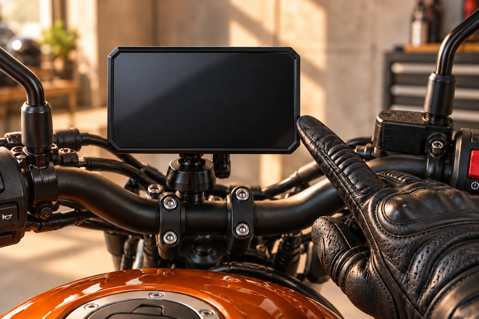Mise en situation illustrée par IA : une main gantée près de l’écran au guidon d’une moto à l’arrêt.